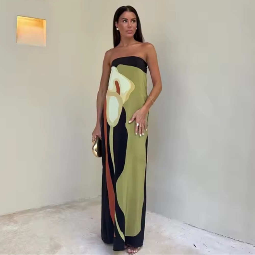 Olive & Black Strapless Maxi Dress